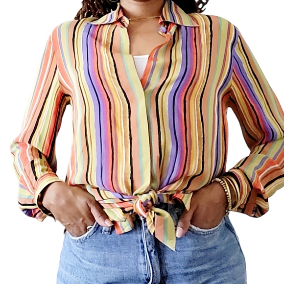 Vintage Tess 100% Silk Multi-colored Striped Long Sleeve Shirt Size S - Picture 1 of 16